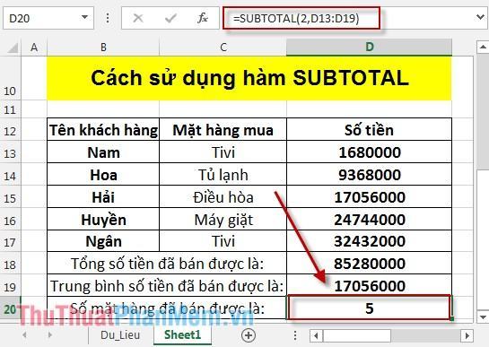 Cách sử dụng SUBTOTAL 4 .  liên tục