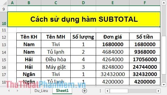 Cách sử dụng SUBTOTAL 5 .  liên tục