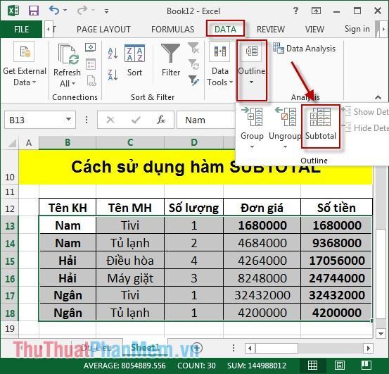 Cách sử dụng SUBTOTAL 6 .  liên tục