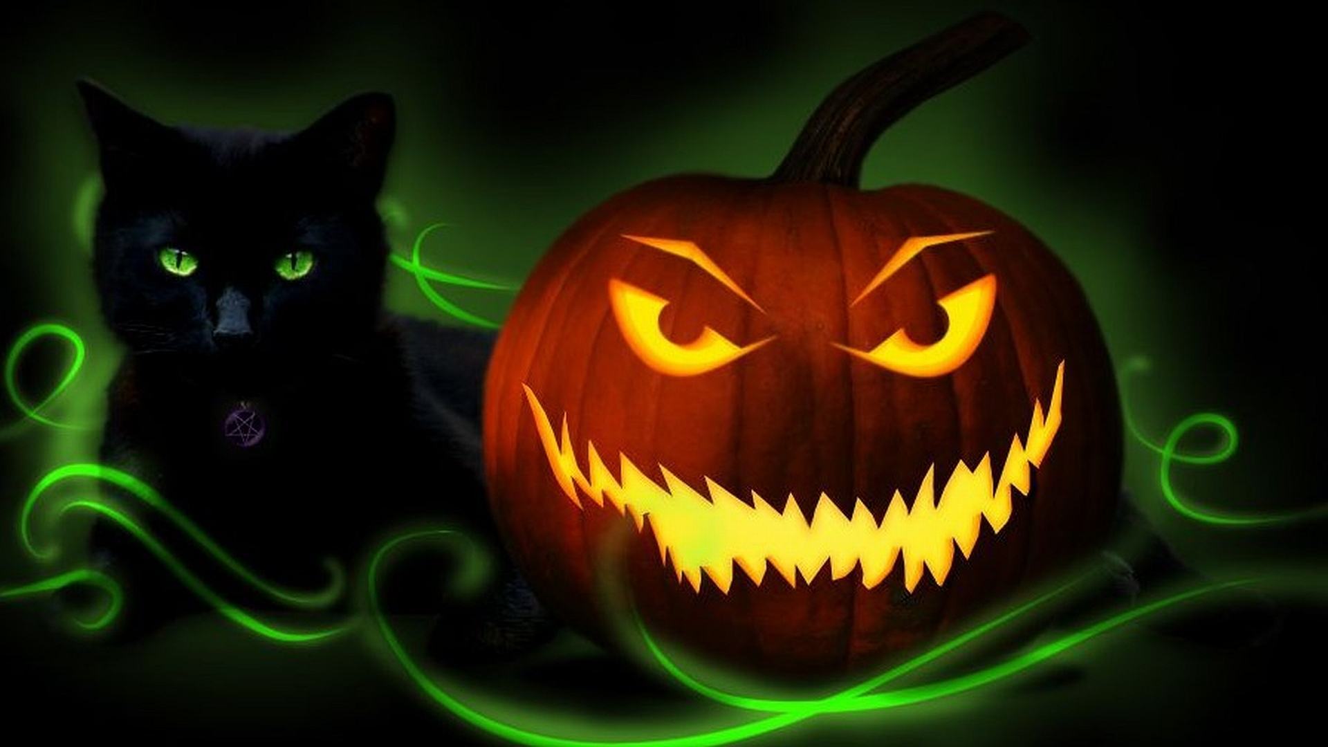 Hình nền máy tính 3D bí ngô và mèo đen cực đẹp cho đêm Halloween
