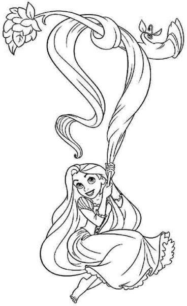 Tranh tô màu công chúa tóc mây buộc tóc trên cây