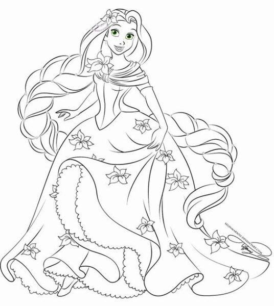Tranh tô màu công chúa tóc mây cầm váy