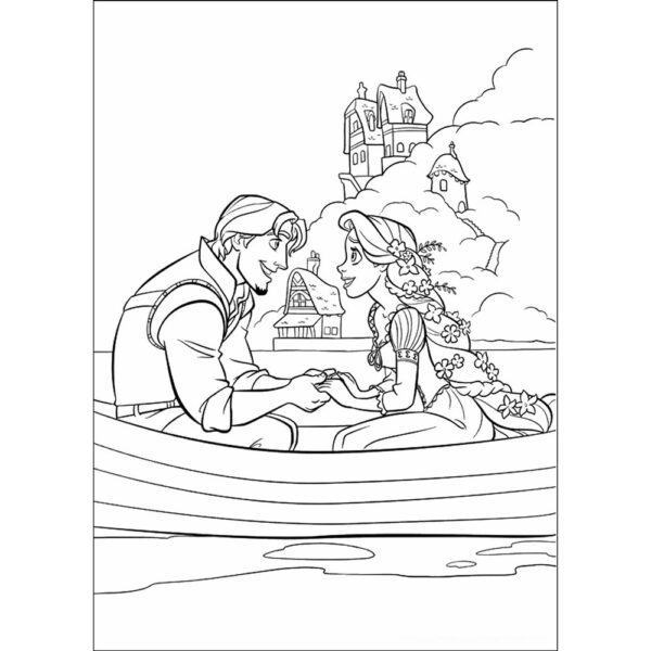 Tranh tô màu công chúa tóc mây ngồi thuyền cùng hoàng tử
