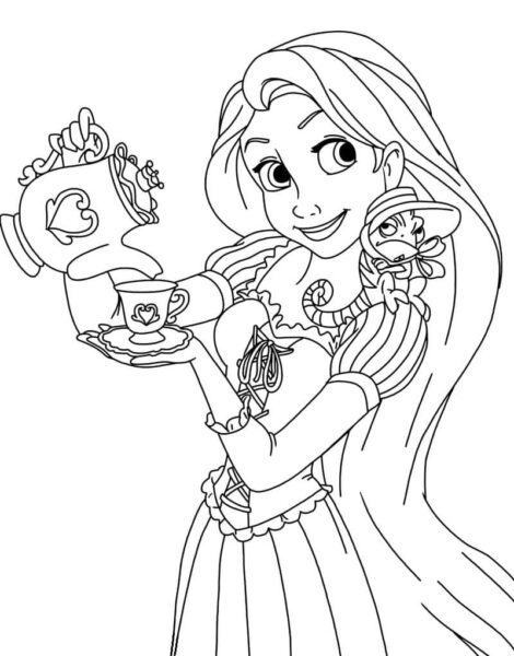 Tranh tô màu công chúa tóc mây uống trà
