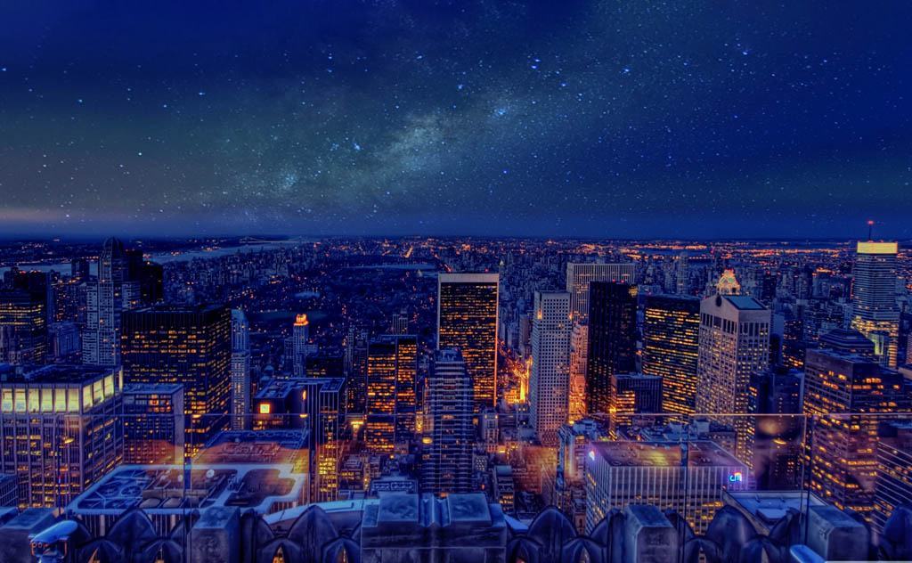 Hình ảnh thành phố anime dưới bầu trời đêm