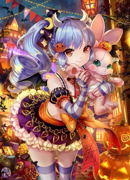 Hình ảnh anime Halloween cô gái đang yêu và chú thỏ