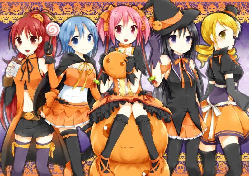 Hình ảnh anime Halloween 5 cô gái và quả bí xanh