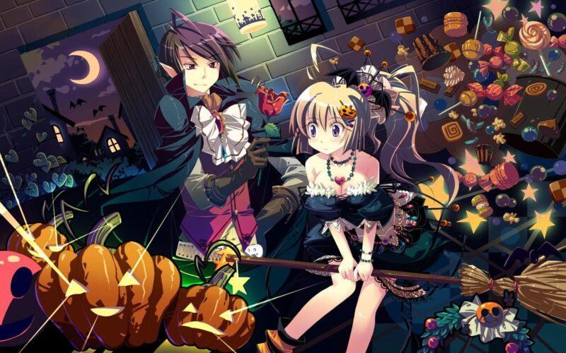 Hình ảnh anime Halloween các chàng trai và cô gái trong ngôi nhà đầy bí ngô