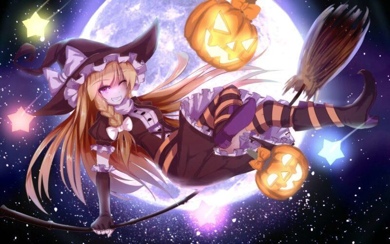 Hình ảnh Anime cô gái Halloween với chiếc mặt nạ và cây chổi thần