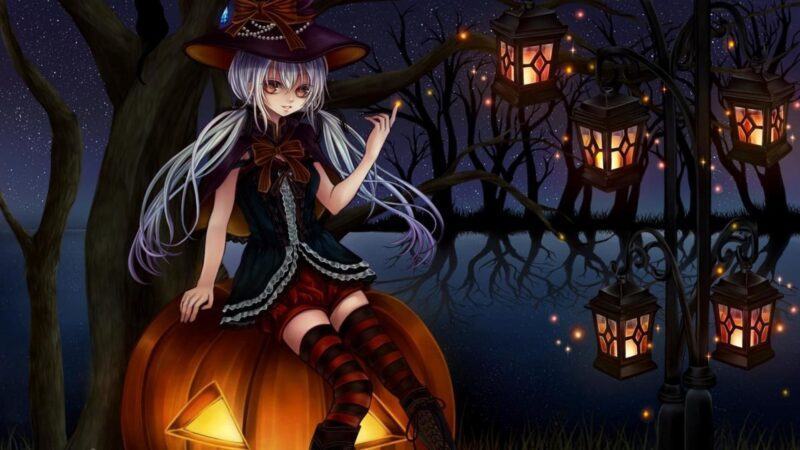 Hình ảnh anime Halloween cô gái tóc trắng ngồi trên quả bí ngô