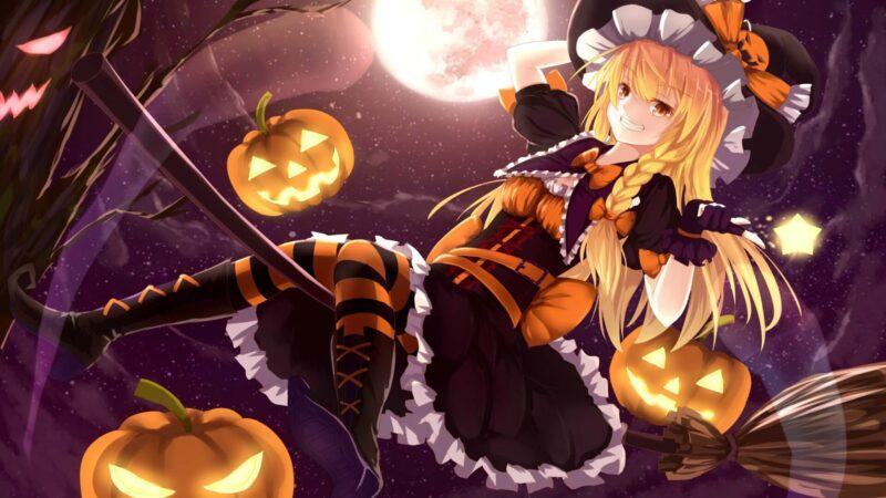 Hình ảnh anime Halloween cây chổi tóc vàng và quả bí ngô