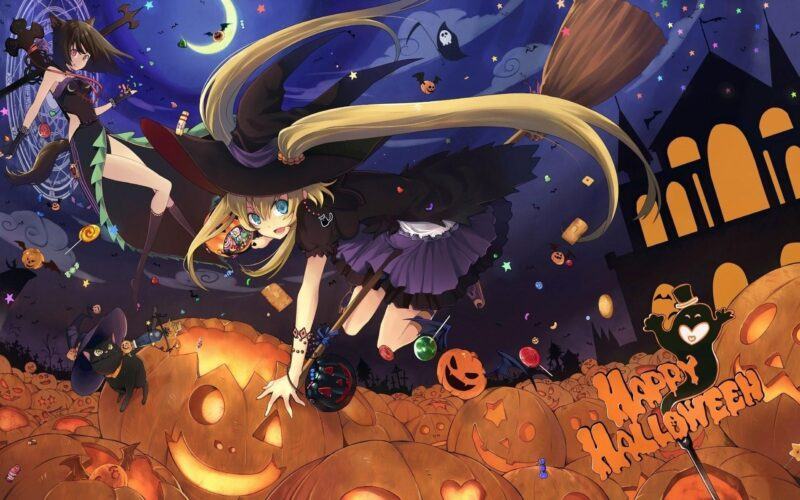 Hình ảnh anime Halloween hai cô gái và cây chổi thần