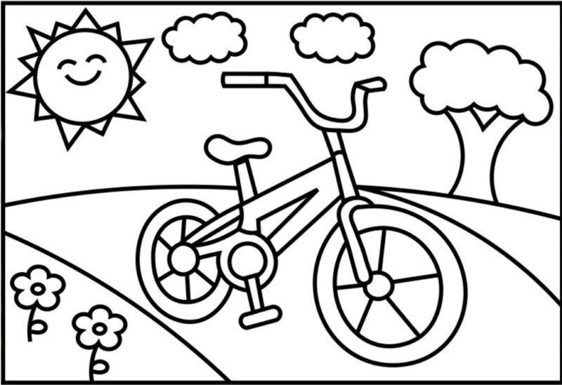 Tranh tô màu ông mặt trời và chiếc xe đạp