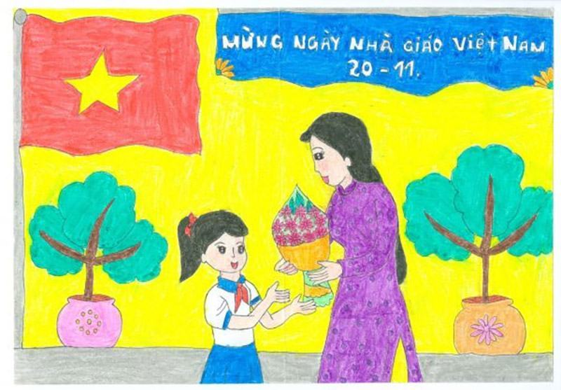 Vẽ tranh về chủ đề 20 11 ngày nhà giáo việt nam học sinh tặng hoa cô giáo