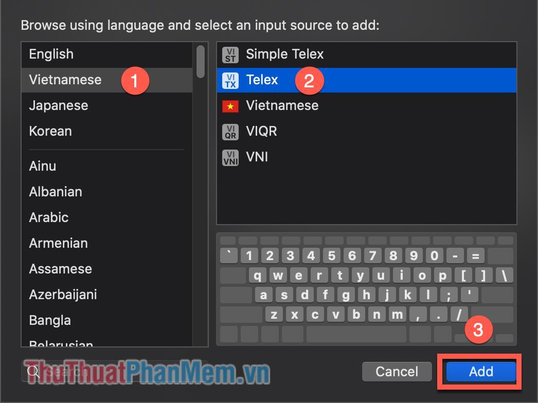 Chọn Language Vietnamese rồi chọn kiểu Telex và nhấn Add