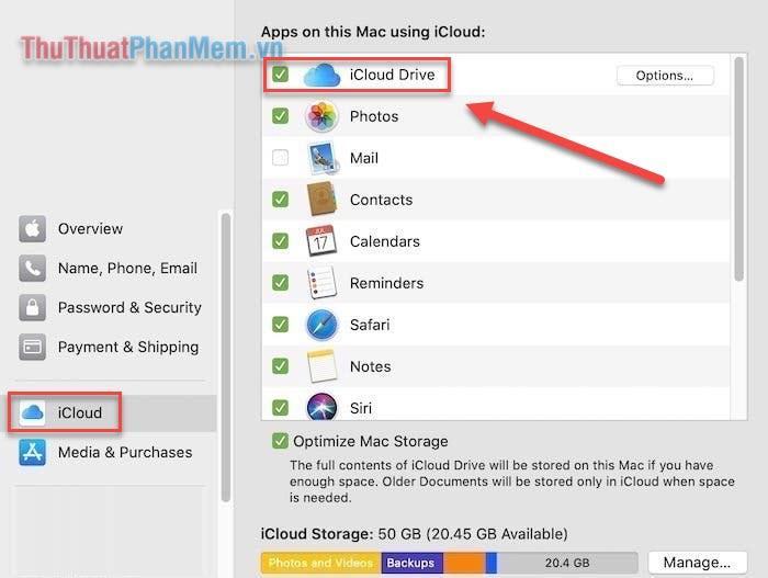 Chọn iCloud và đánh dấu vào các dịch vụ bạn cần sử dụng