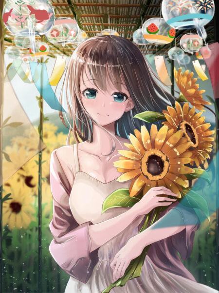 Hình ảnh anime hoa hướng dương và cô gái tóc dài cầm hoa
