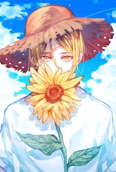 Hình ảnh anime cậu bé che mặt bằng hoa hướng dương