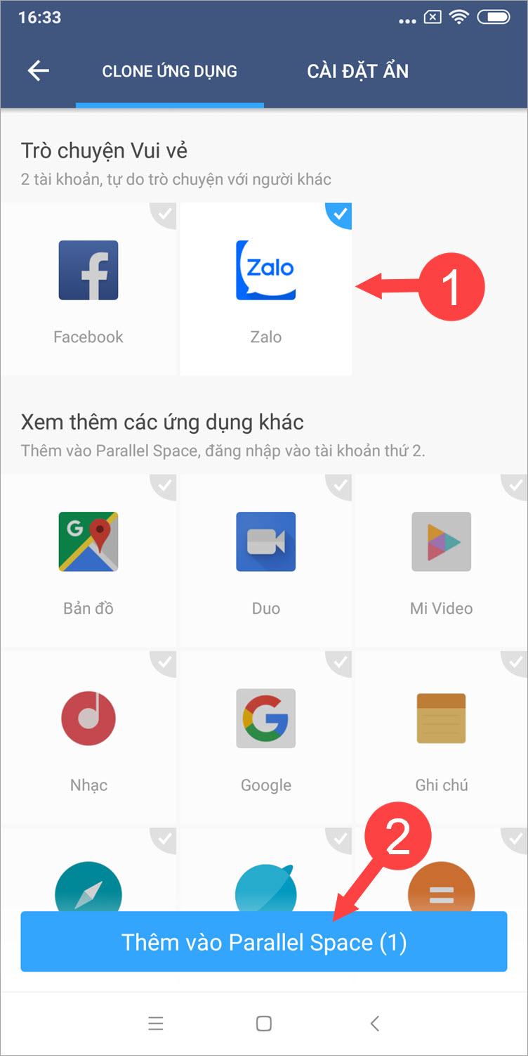 Kiểm tra ứng dụng Zalo và tích vào Thêm vào Parallel Space