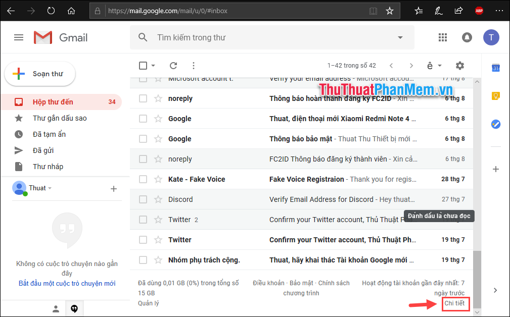 Trong giao diện Gmail kéo xuống dưới cùng chọn Chi tiết