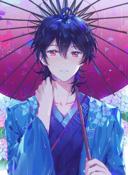 Ảnh anime nam tóc xanh cầm ô đi mưa