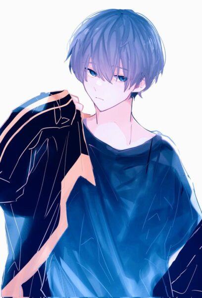 Hình ảnh anime nam tóc xanh mặc áo khoác
