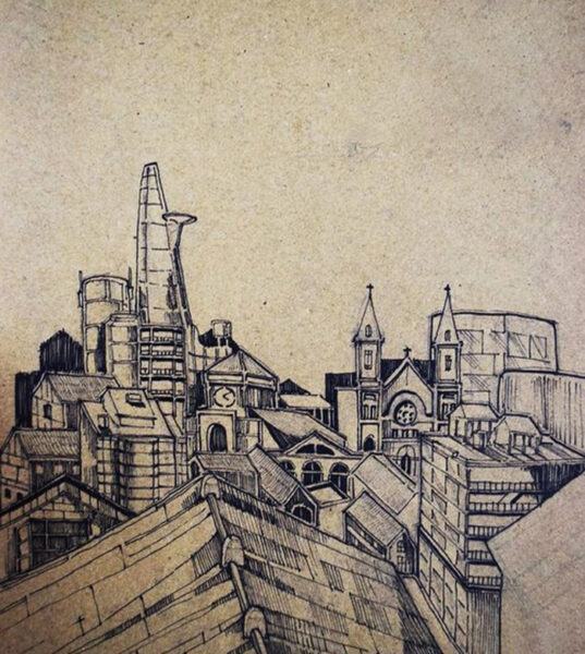 Tranh vẽ một góc thành phố bằng bút chì