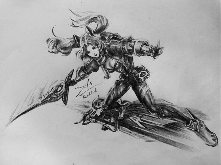 vẽ nhân vật nữ anime cầm kiếm bằng bút chì
