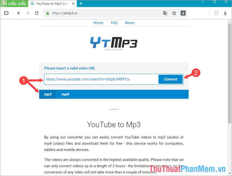 Dán link youtube và chọn định dạng mp3 - Click Convert