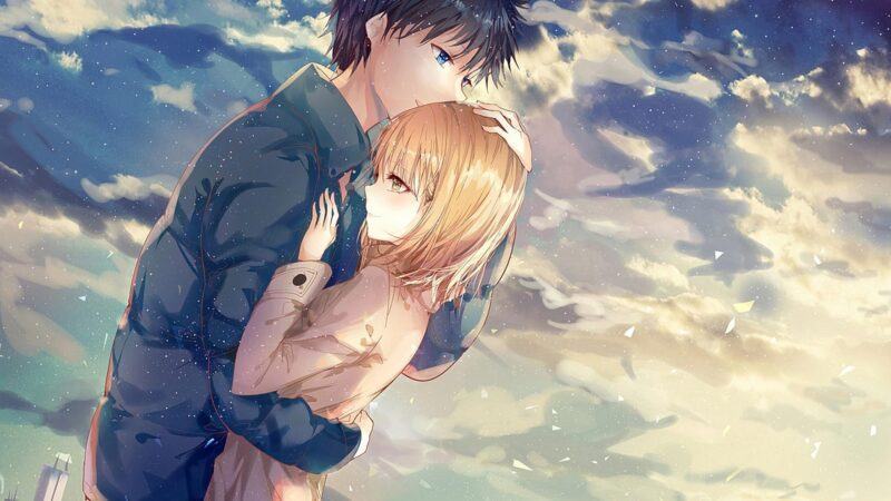hình ảnh anime của một cặp đôi lãng mạn ôm nhau