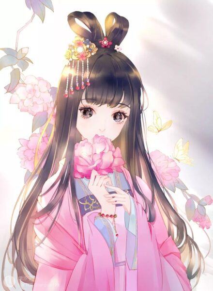 Hình ảnh anime cổ trang nữ cầm hoa mẫu đơn
