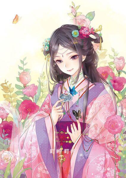Hình ảnh nữ anime lịch sử mặc váy hồng chơi với bướm