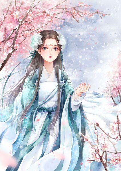 Hình ảnh anime cổ trang nữ mặc trang phục xanh giữa rừng hoa đào