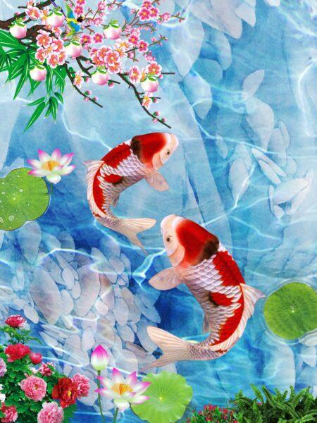 Hình nền may mắn cá chép và hoa lá