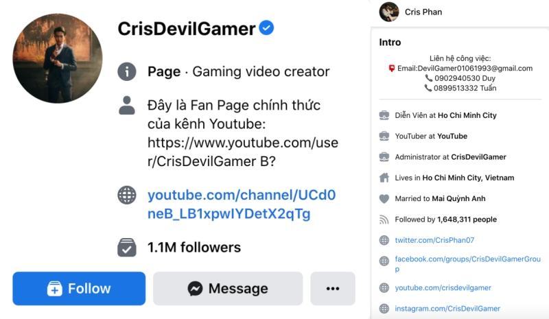 Lượng người theo dõi trên fanpage và trang cá nhân của Cris Devil Gamer - Cris Phan