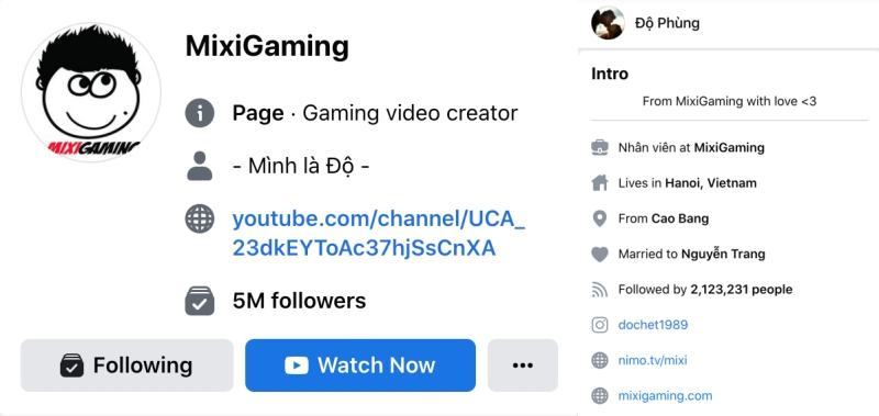 Lượt theo dõi trên fanpage, trang cá nhân của Đô Mixi Gaming Phùng Thành Đô