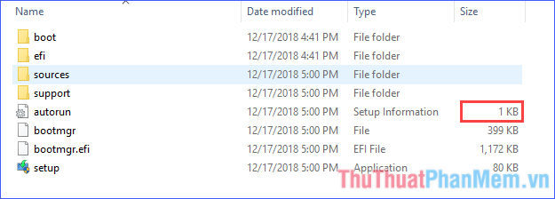 Xem thông tin Size của file autorun nếu là 1 KB là thành công