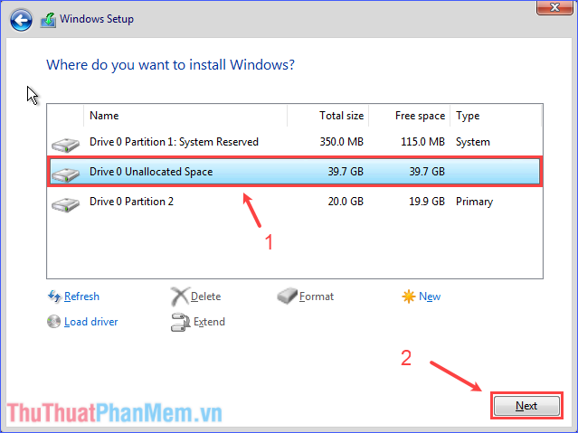 Chọn phân vùng Không gian chưa phân bổ và sau đó nhấp vào Tiếp theo