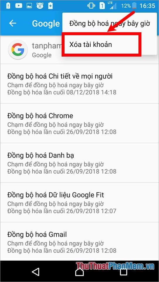 Chọn biểu tượng Thêm và chọn Xóa tài khoản