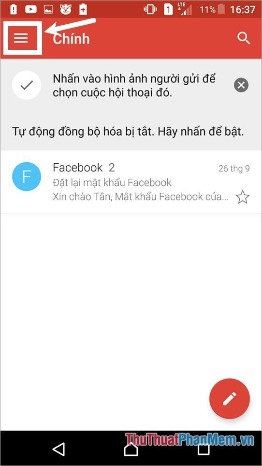 Trên giao diện gmail chọn biểu tượng Menu