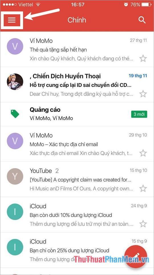 Trên giao diện ứng dụng Gmail, chọn biểu tượng Menu