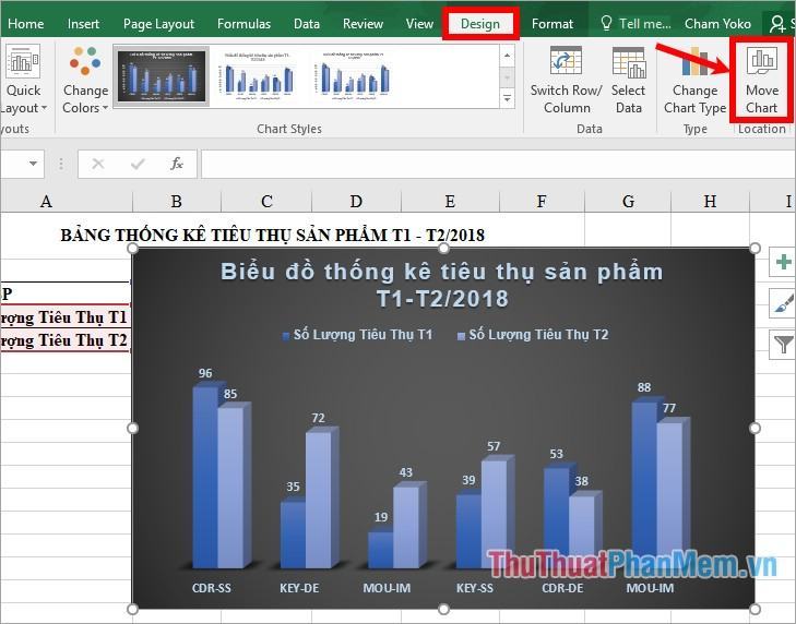 Chọn biểu đồ - Design - Move Chart