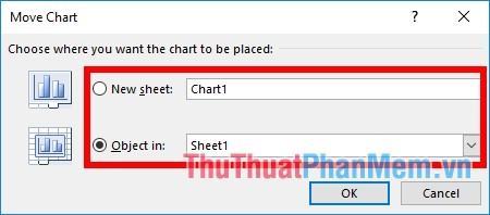 Trong hộp thoại Move Chart, chọn vị trí di chuyển biểu đồ