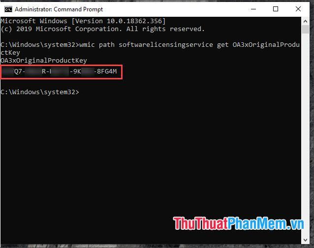 Khi đó key bản quyền Windows của bạn sẽ được hiển thị bên dưới câu lệnh