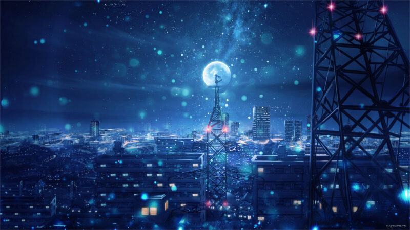 Tải hình nền anime cho desktop thành phố dưới ánh trăng