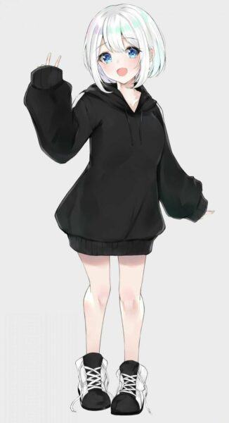 Hình ảnh một cô gái anime tóc ngắn, tóc trắng, mặc áo hoodie đen