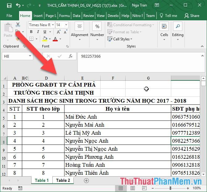 File dữ liệu được chuyển đổi từ định dạng PDF sang Excel