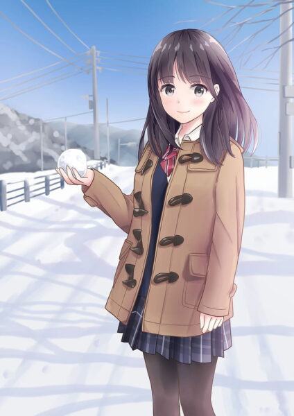 Ảnh anime mùa đông nữ tóc ngắn ôm tuyết trắng