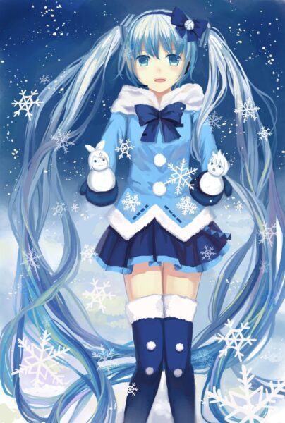 Hình ảnh anime mùa đông của một cô gái tóc dài mặc váy xanh