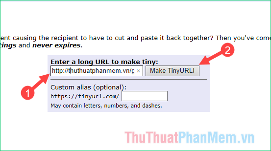 Dán liên kết ban đầu vào hộp rồi nhấp vào Make TinyURL